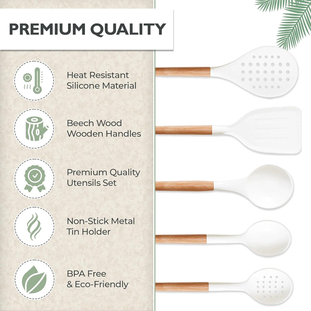 Silicone Cooking Utensils Set White–11Pcs Silicone Spatula Sets for Cooking | Kitchenware Set, Bpa-Free Kitchen Utensils Set, White Spatula Set | Non Toxic Cooking Utensils Set with Utensil Holder