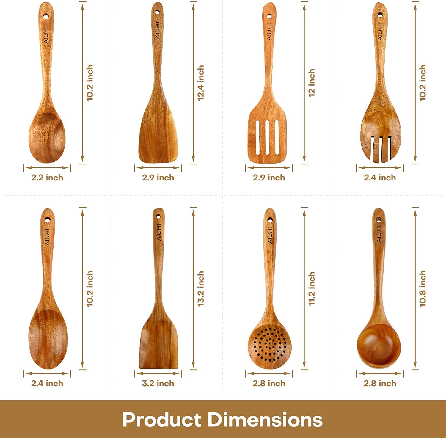 Wood Spoons for Cooking, Nonstick Kitchen Utensil Set, Wooden Spoons Cooking Utensil Set Non Scratch Natural Teak Wooden Utensils for Cooking (Teak 8 Pack)