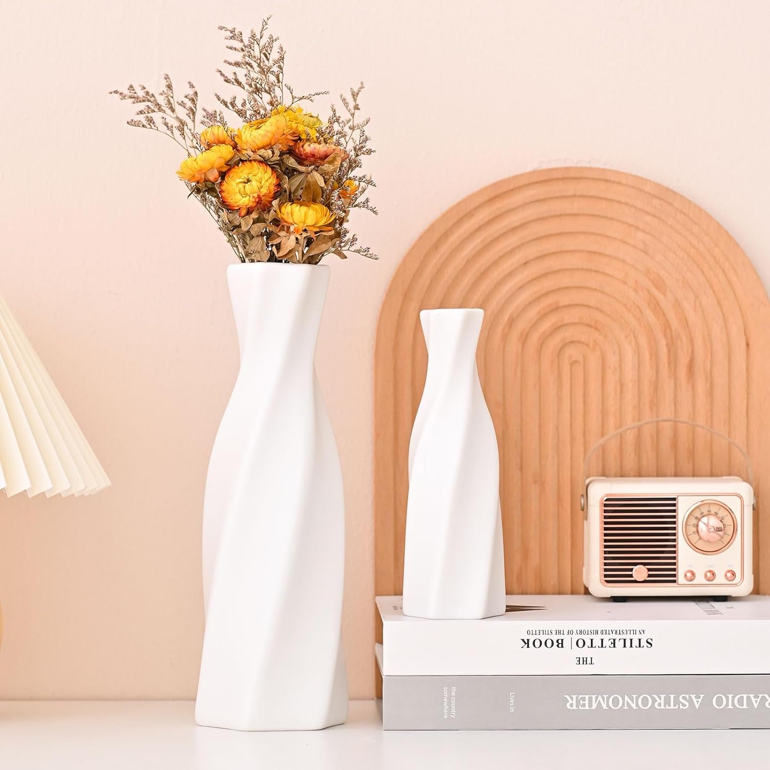 Modern Ceramic Vase - White Geometric Decorative Vases for Living Room, Mantel, Table Decoration