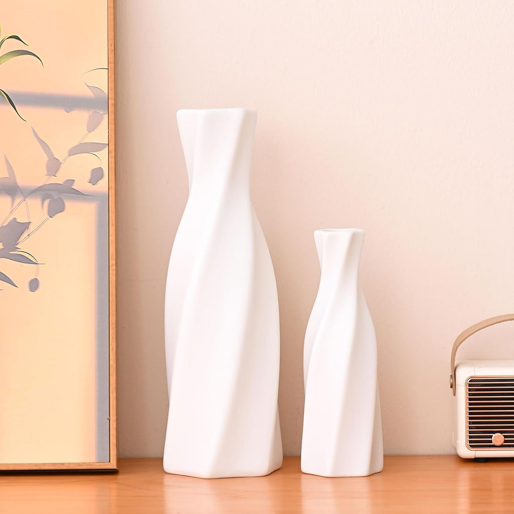 Modern Ceramic Vase - White Geometric Decorative Vases for Living Room, Mantel, Table Decoration